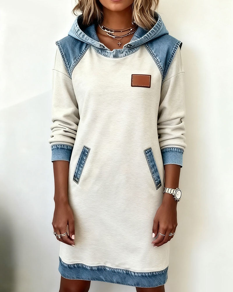 Viktoria - Vestido sudadera con capucha y ribetes de denim