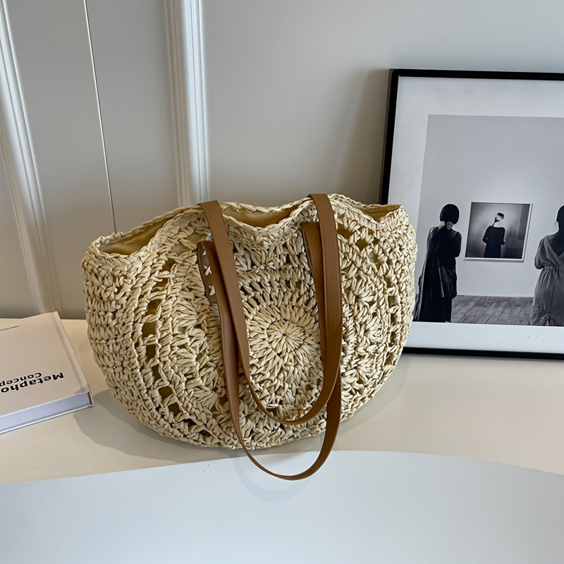 Cléa | Bolso De Hombro Tipo Tote Redondo De Paja Trenzada