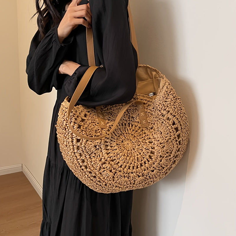 Cléa | Bolso De Hombro Tipo Tote Redondo De Paja Trenzada