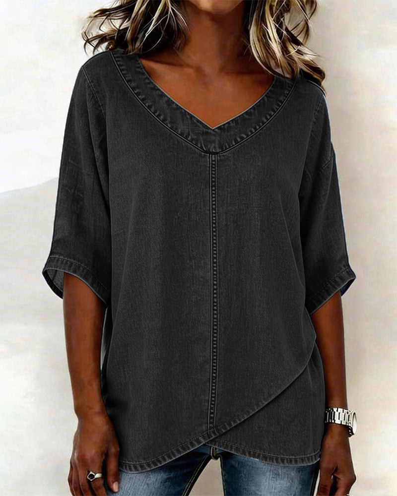 Laritza | Top Denim Escote Pico Manga Corta