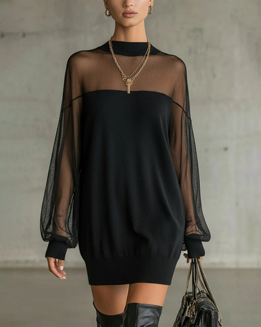 Yenaya | Vestido Mini de Punto Con Mangas Farol Transparentes
