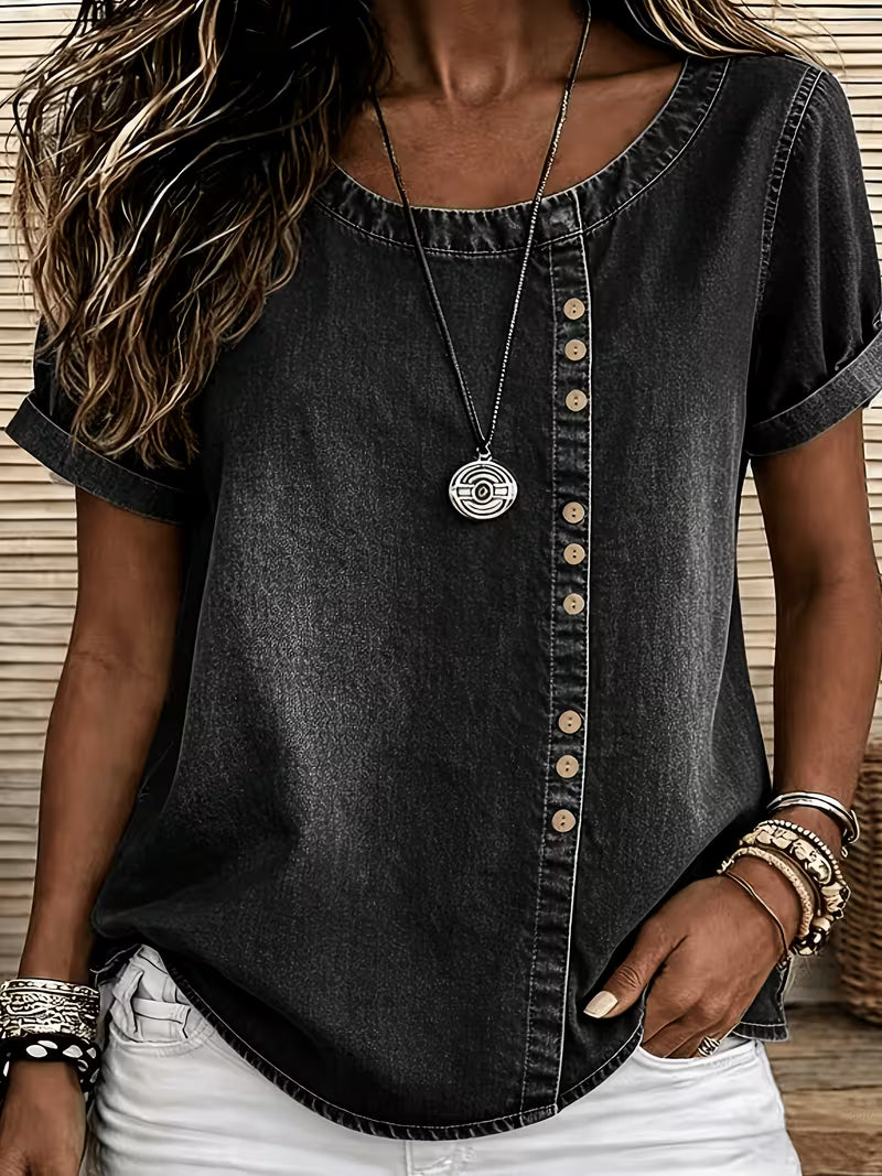Ferina | Blusa Denim Lavado Manga Corta Botones