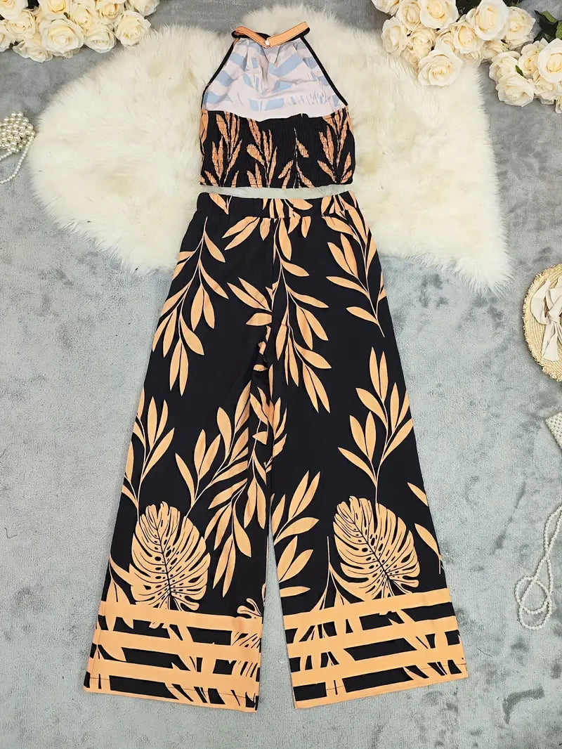 Zirina | Conjunto De Top Corto Con Cuello Halter Y Pantalón De Pierna Ancha