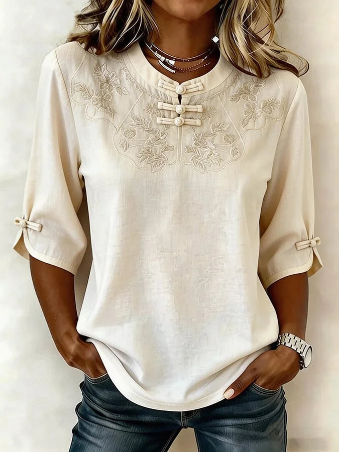 Nozilia - Blusa de Manga Corta con Bordado Floral