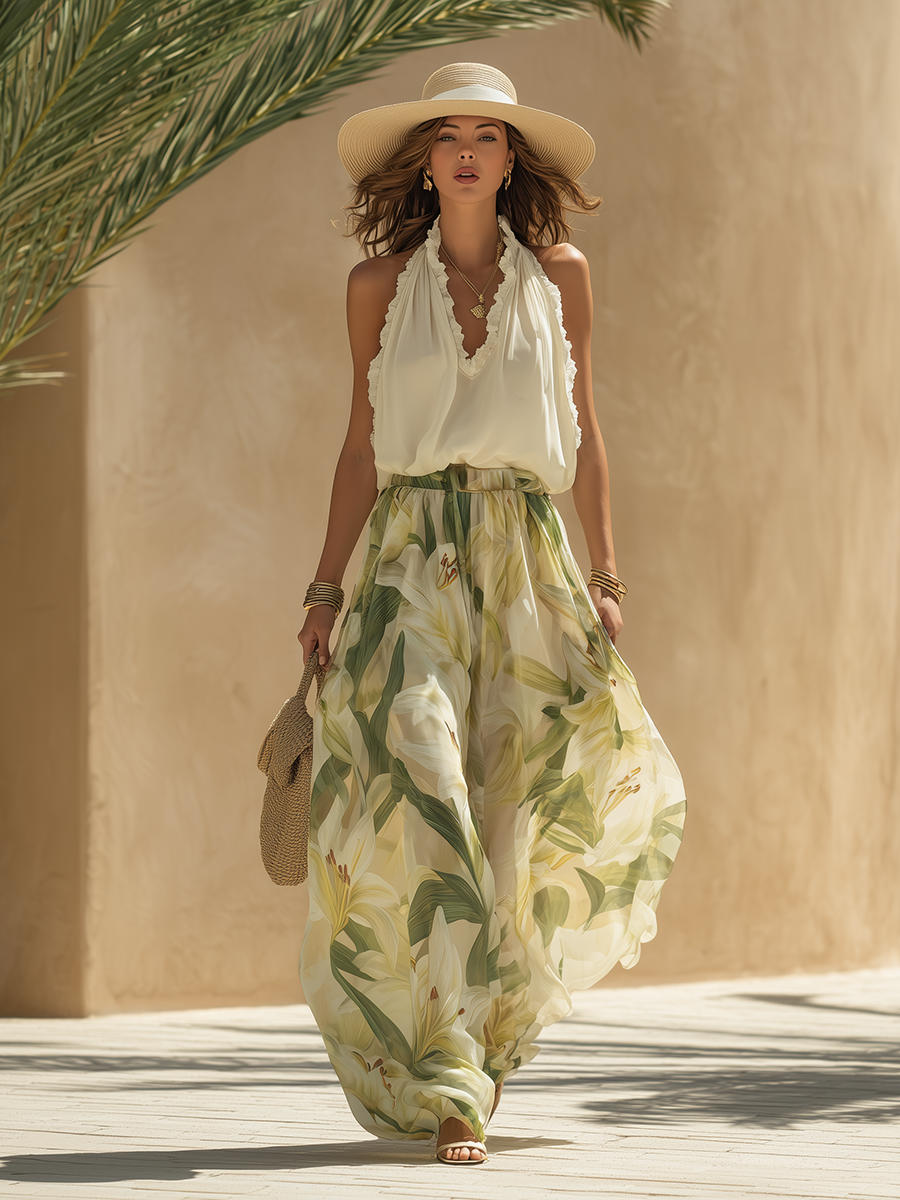 Mireella - Conjunto De Top Con Cuello Halter Y Estampado De Lirios Y Pantalones De Pierna Ancha