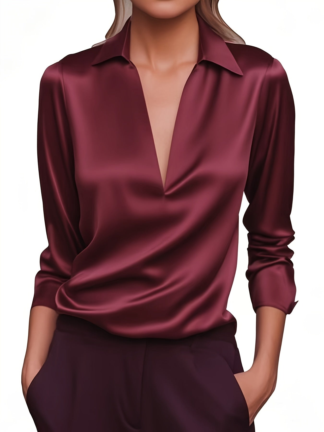 Kyrra – Blusa de Manga Larga Con Cuello en V de Satén
