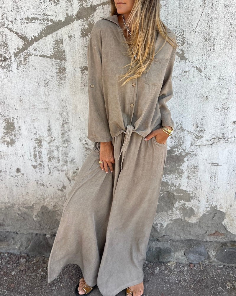 Bogna | Conjunto de Dos Piezas Camisa Con Lazo Delantero y Pantalones de Pierna Ancha