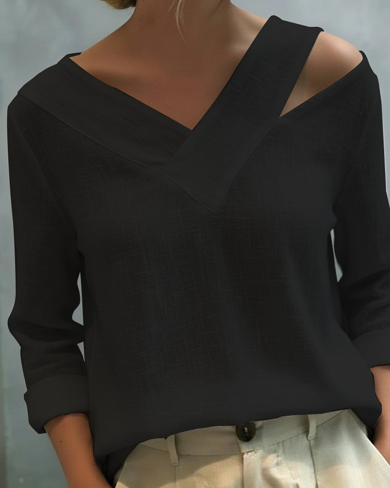 Makeeta - Blusa de Manga Larga con cuello en V Asimétrico