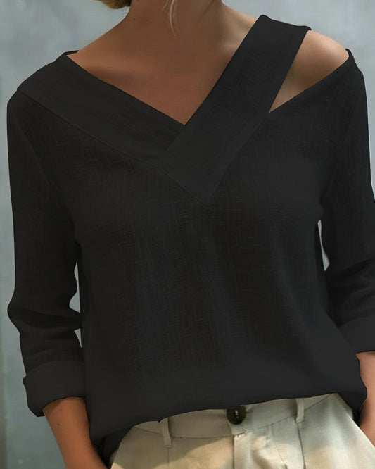 Makeeta - Blusa de Manga Larga con cuello en V Asimétrico