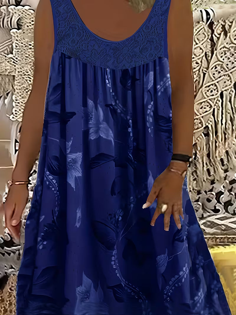 Samudri | Vestido Sin Mangas De Corte en a Con Estampado Floral Panel De Encaje Y Cuello Redondo