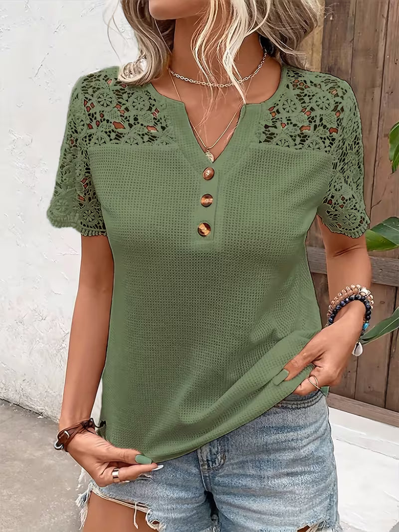 Sinna | Camiseta Henley De Manga Corta Con Canesú De Encaje