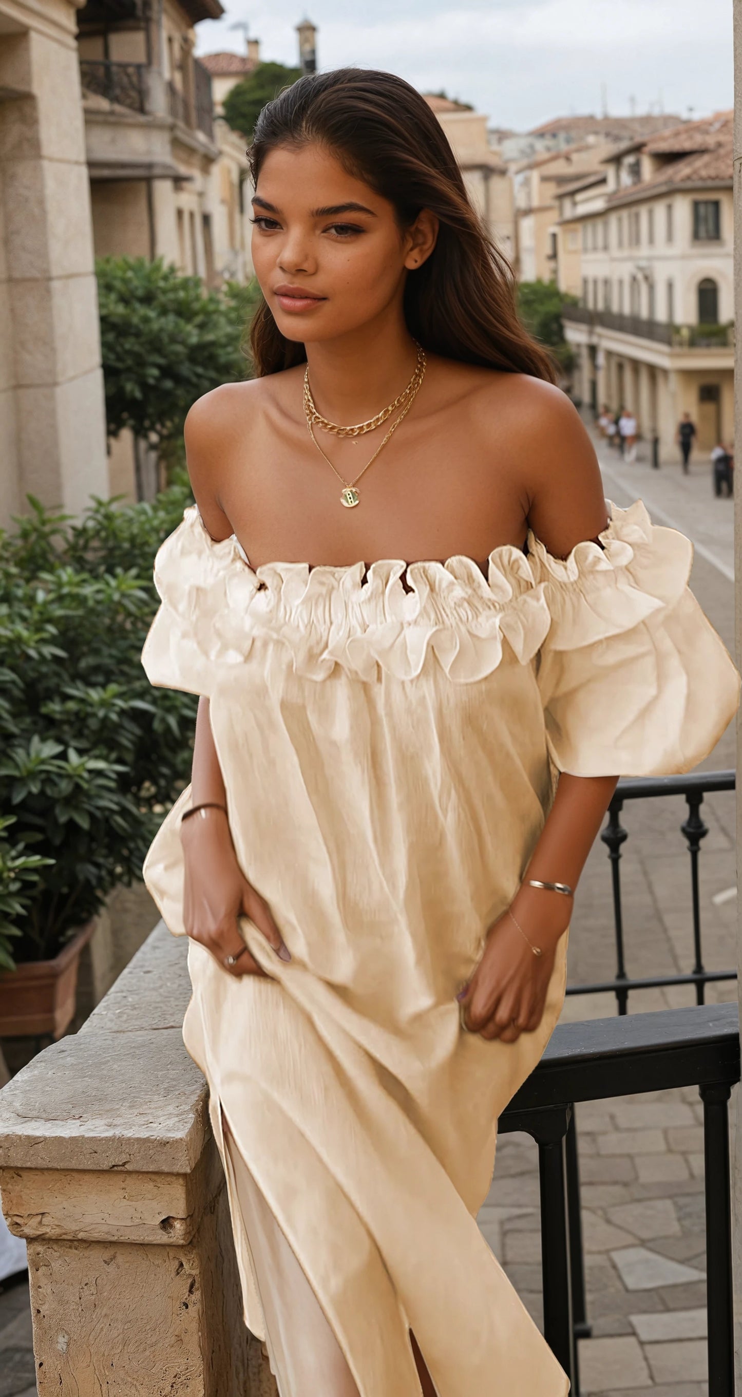 Francisca | Vestido Largo de Verano Con Volantes y Hombros al Aire