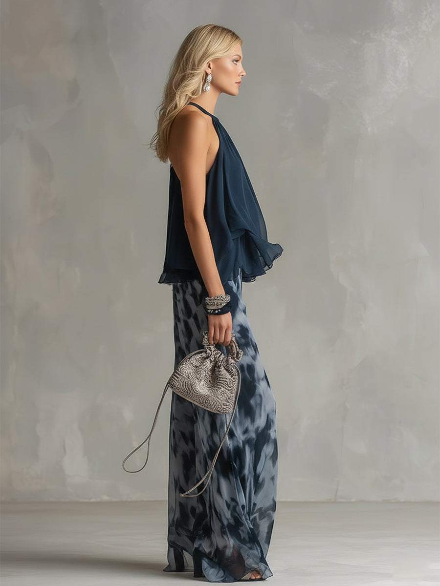 Shylla | Mono azul Marino con Cuello Halter, Volantes y Pernera ancha