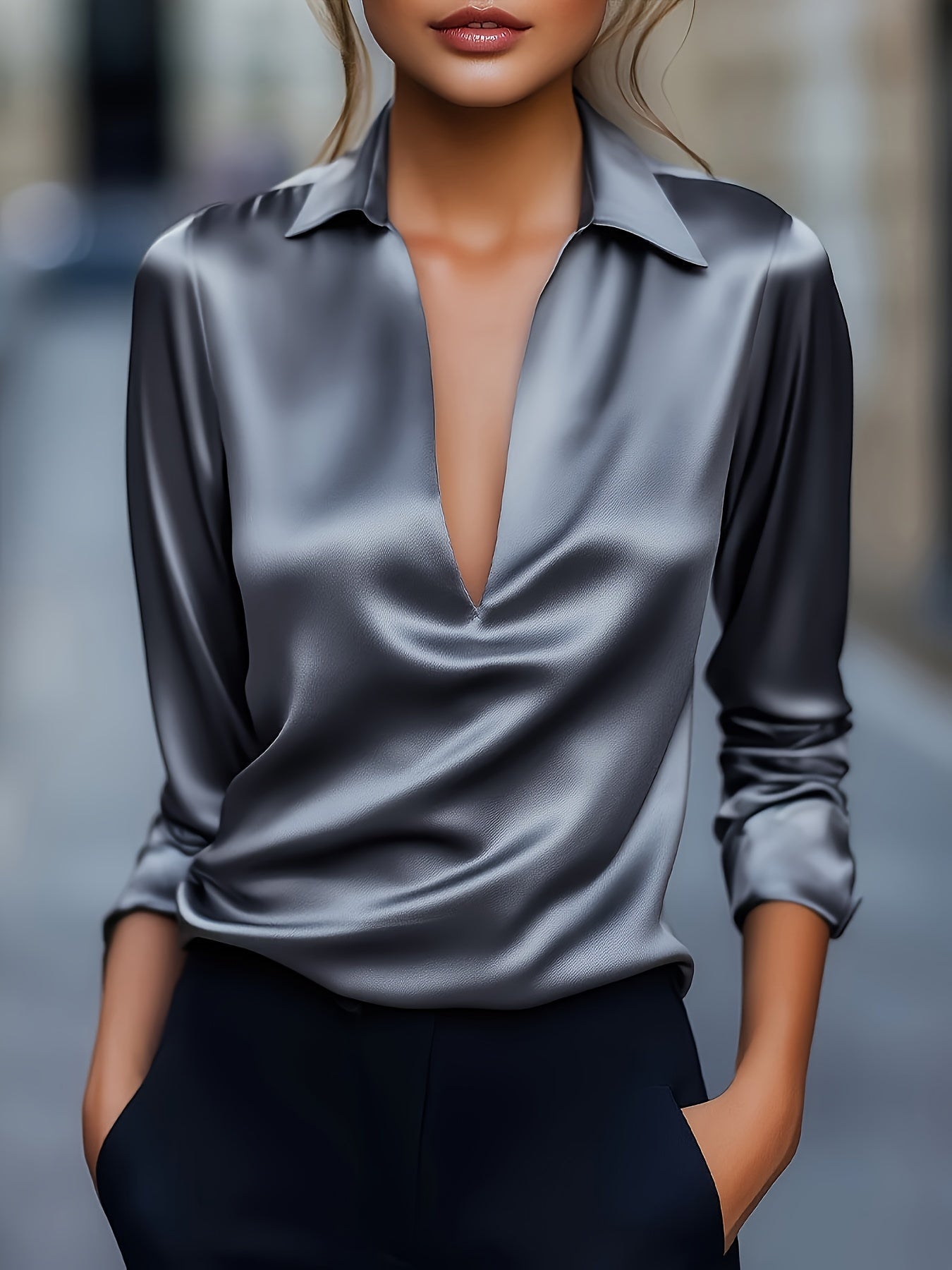 Kyrra – Blusa de Manga Larga Con Cuello en V de Satén