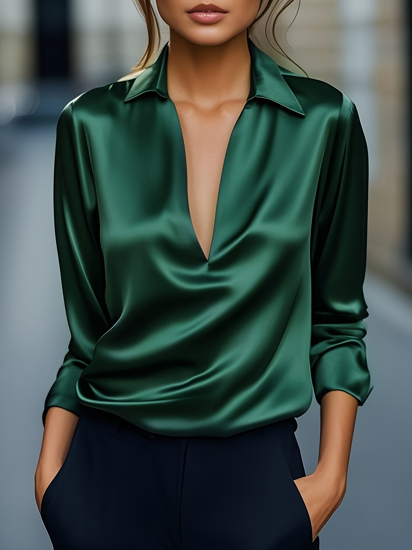 Kyrra – Blusa de Manga Larga Con Cuello en V de Satén
