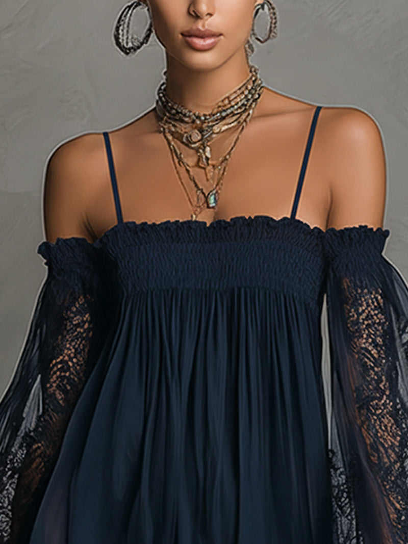 Charity - Vestido mini azul Marino con Hombros Descubiertos y Mangas de Encaje
