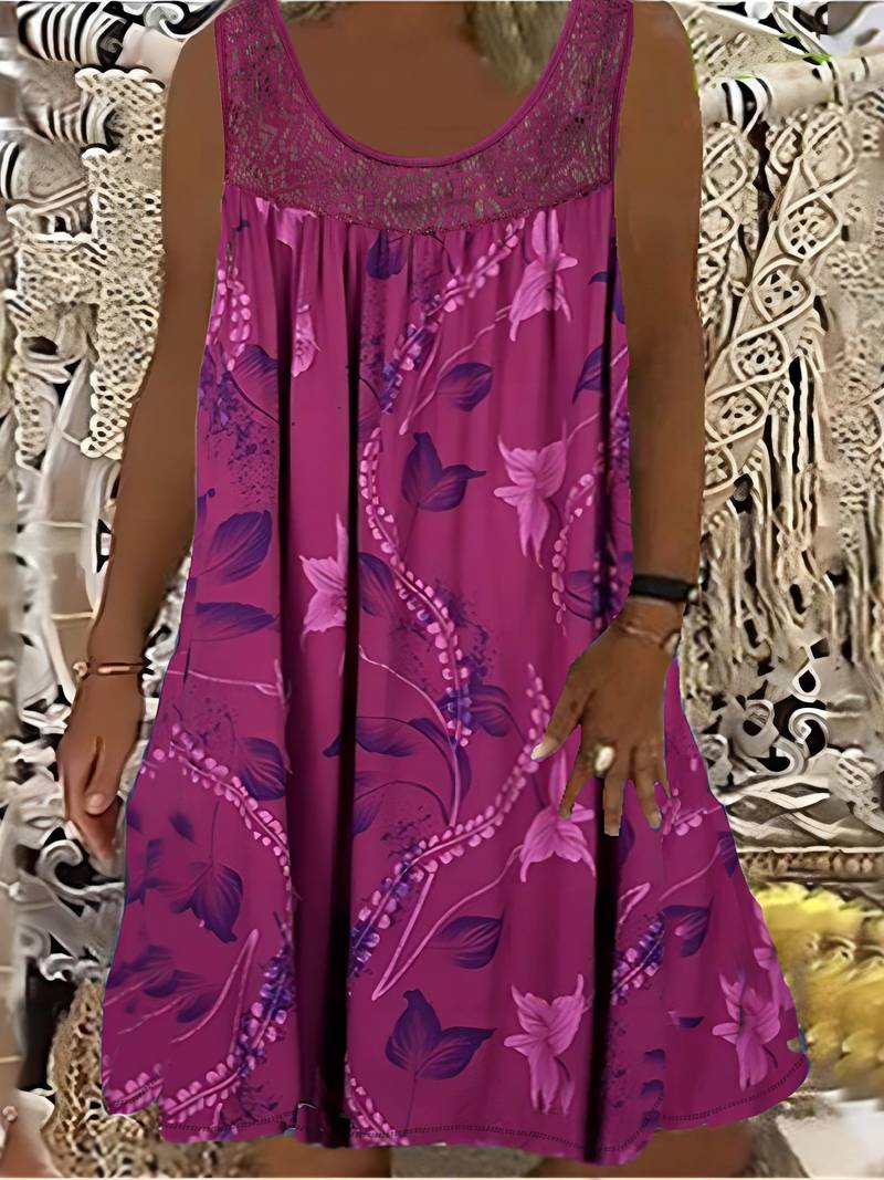 Samudri | Vestido Sin Mangas De Corte en a Con Estampado Floral Panel De Encaje Y Cuello Redondo