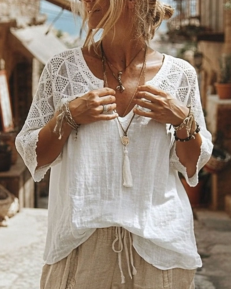 Essien - Blusa Holgada Con Cuello en V y Mangas de Encaje