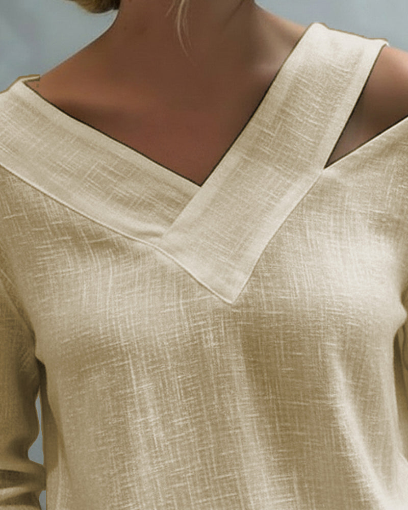 Makeeta - Blusa de Manga Larga con cuello en V Asimétrico