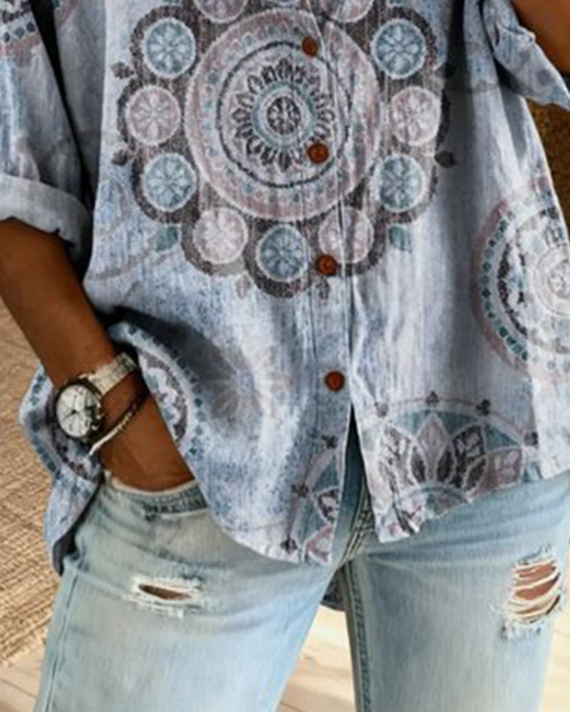 Nirita - Blusa de Manga Larga Con Estampado de Mandalas y Cierre Frontal Con Botones