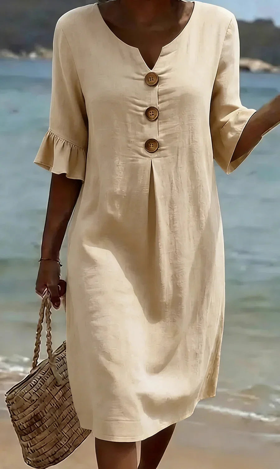 Mlaina - Vestido Midi Con Botones en la Parte Delantera y Mangas Con Volantes