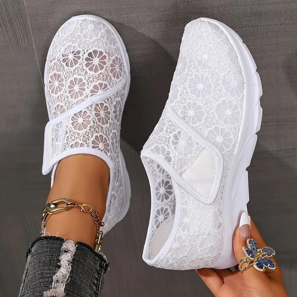 Tonjaa | Zapatillas Deportivas Sin Cordones con Encaje Floral Para Caminar