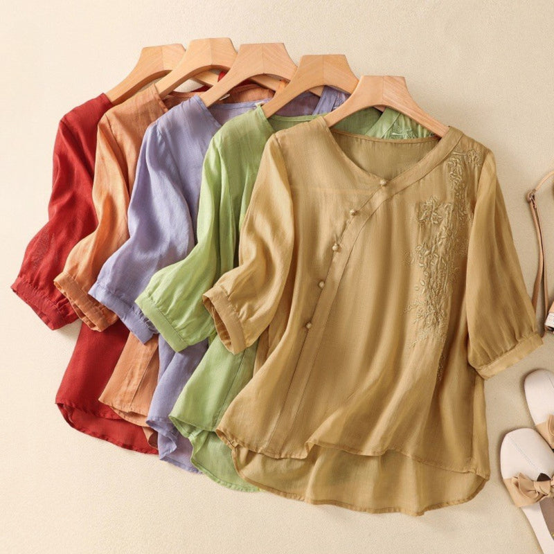 Loreen - Blusa Tipo Túnica Asimétrica Con Botones y Bordados