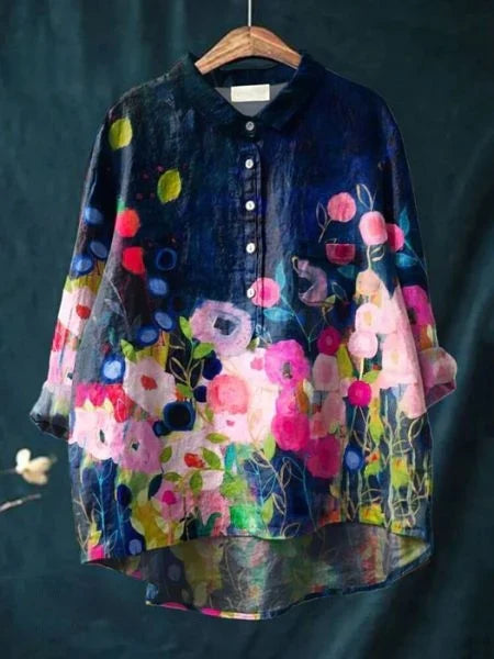 Emery - Blusa Con Estampado Floral Botones Cuello y Bolsillo en el Pecho