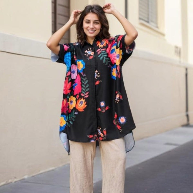 Rossella | Blusa Larga De Manga Corta Con Estampado Floral