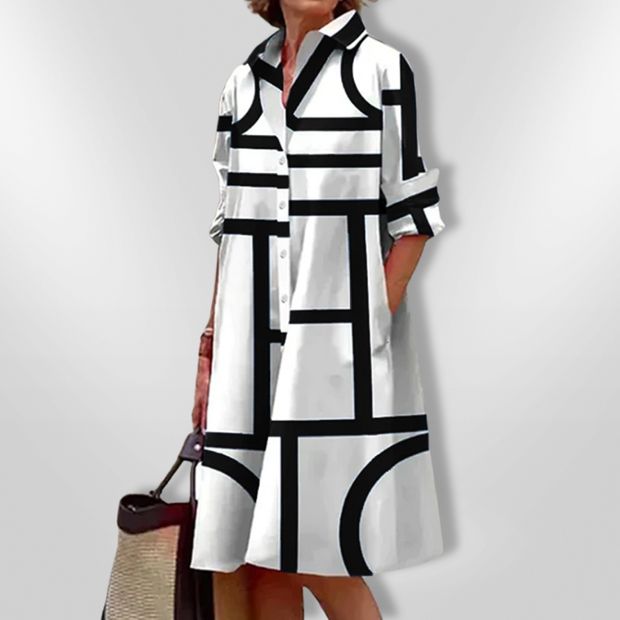 Lynna - Vestido Camisero Con Estampado Geométrico, Botonadura Frontal Y Bolsillos