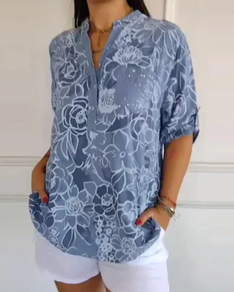 Narese | Blusa con Estampado floral, Cuello en V y Mangas Enrolladas