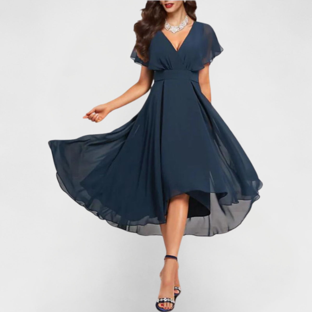 Catalina - Vestido Midi Azul Marino Con Cuello en V y Mangas Con Volantes