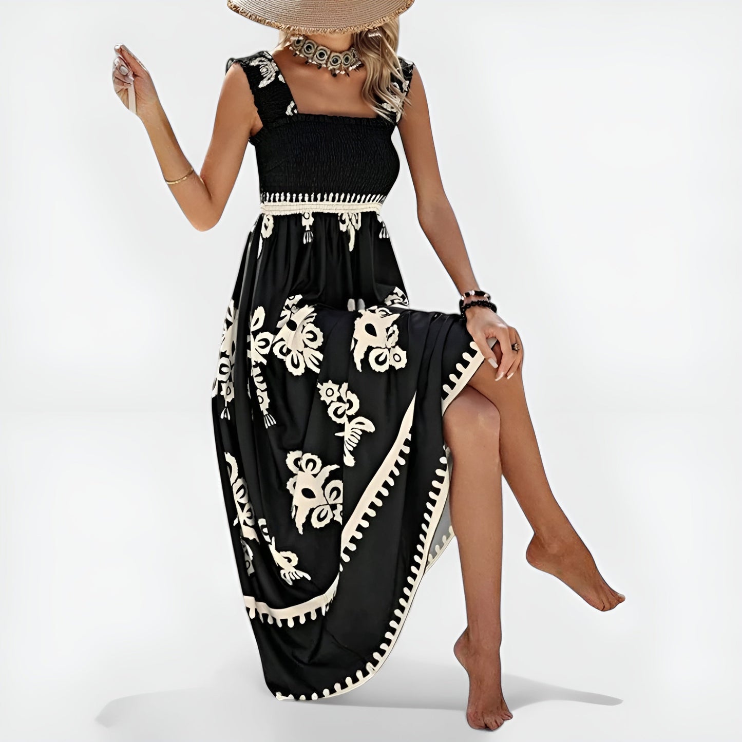 Anabelle | Vestido Largo De Cuello Cuadrado Con Estampado Floral
