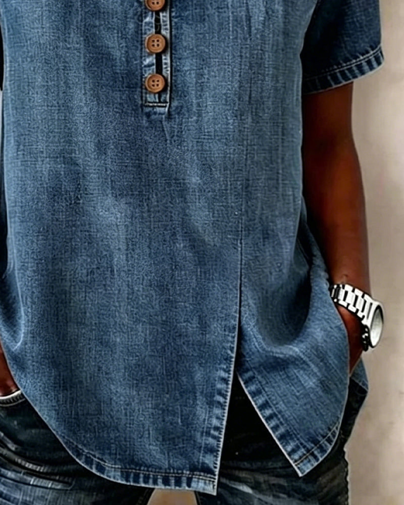Lyjena - Blusa de Estilo Vaquero Con Cuello en V y Botones