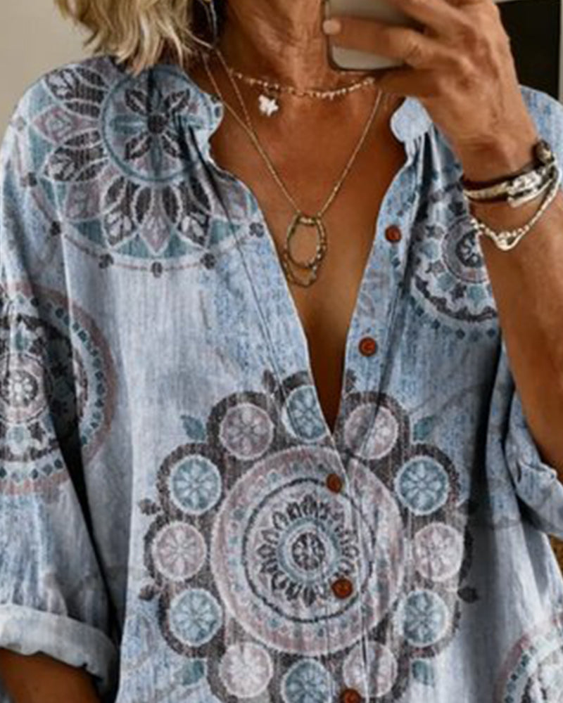 Nirita - Blusa de Manga Larga Con Estampado de Mandalas y Cierre Frontal Con Botones