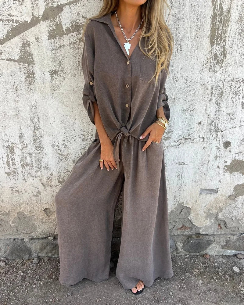 Bogna | Conjunto de Dos Piezas Camisa Con Lazo Delantero y Pantalones de Pierna Ancha