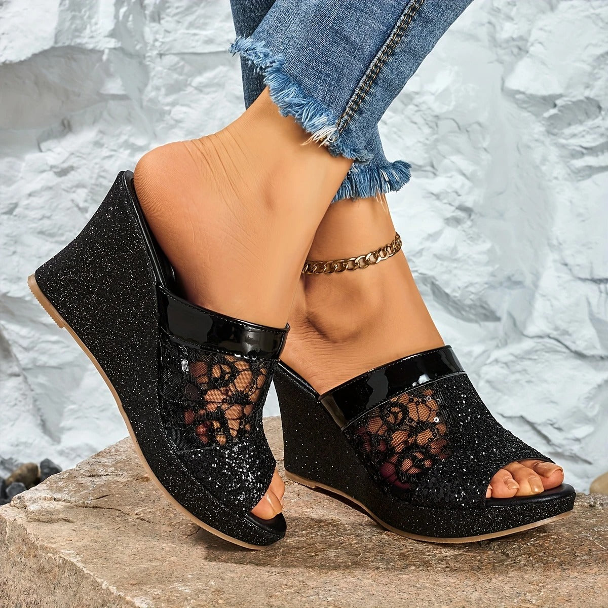 Alexis | Sandalias De Cuña Con Encaje Brillante