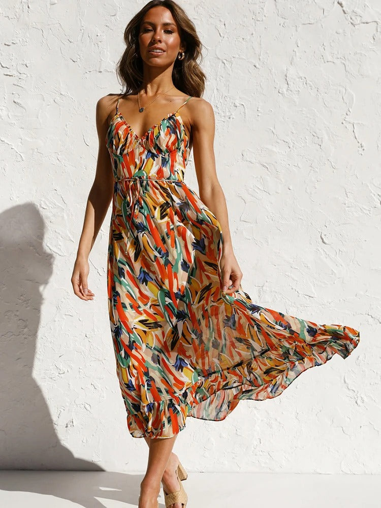 Emmeline | Vestido Midi Con Tirantes Finos Y Estampado