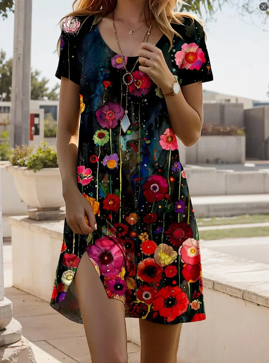 Linnea | Vestido Recto De Manga Corta Con Cuello en V Y Estampado