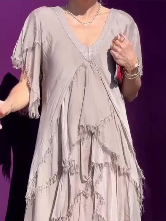 Carlijn - Vestido Largo con Volantes y Cuello en V, manga Corta