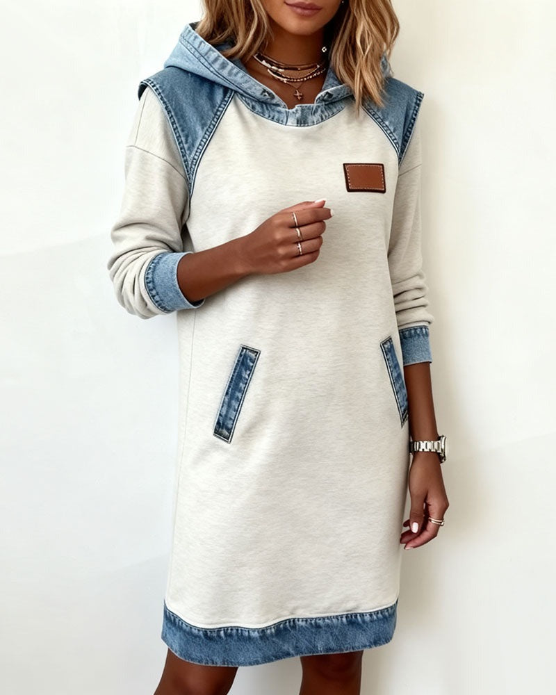 Viktoria - Vestido sudadera con capucha y ribetes de denim