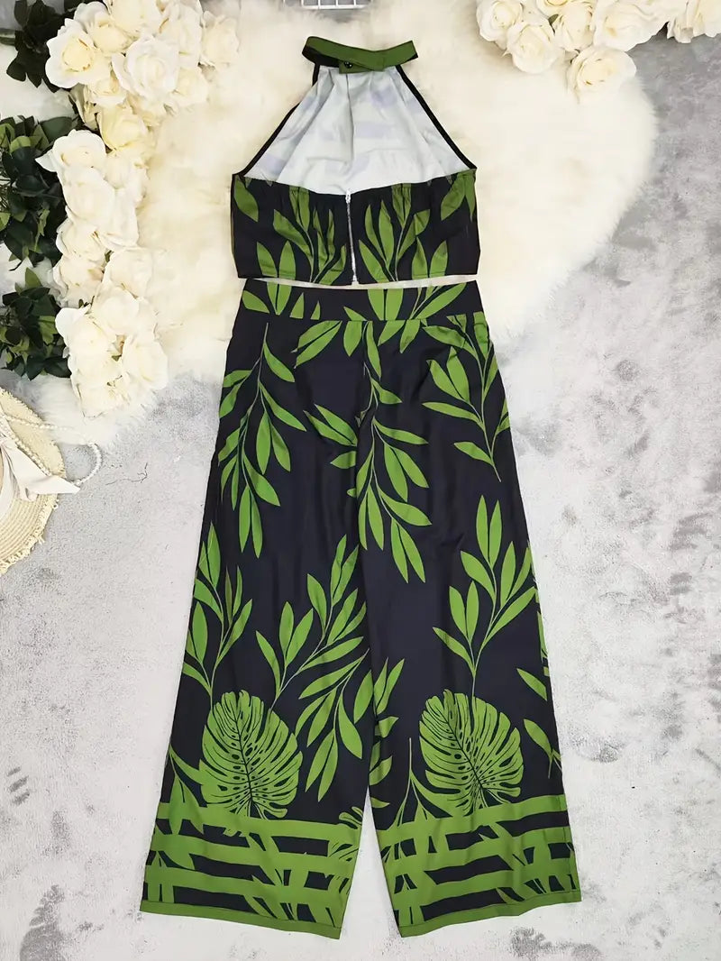 Zirina | Conjunto De Top Corto Con Cuello Halter Y Pantalón De Pierna Ancha