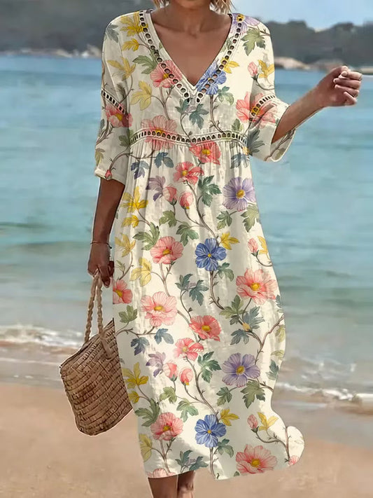 Nona |  Vestido Largo De Manga Media Con Cuello en V Y Estampado Floral
