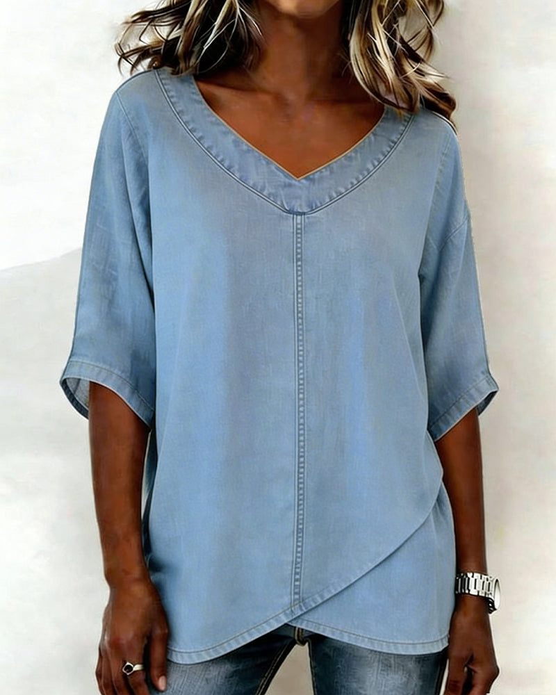 Laritza | Top Denim Escote Pico Manga Corta