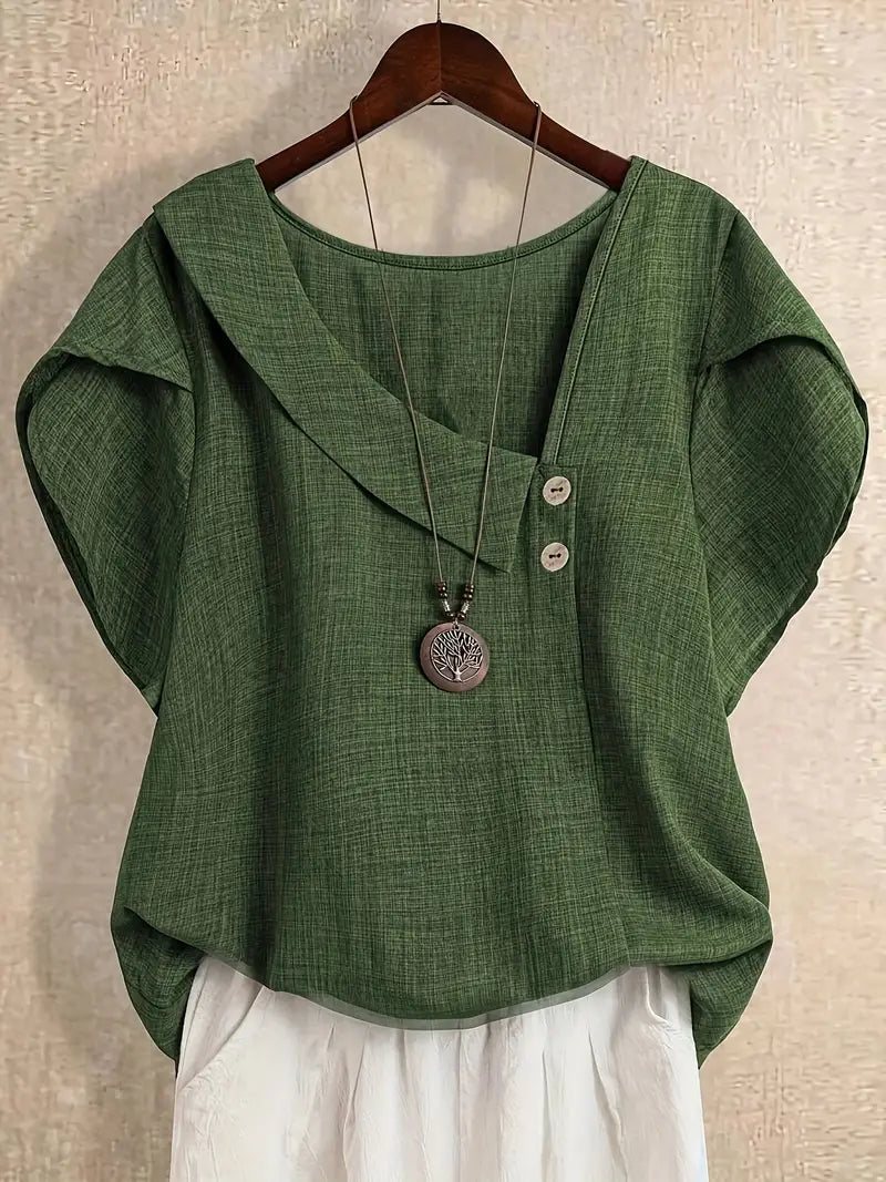 Milany - Blusa Informal De Manga Corta Con Cuello Asimétrico Y Detalle De Botones