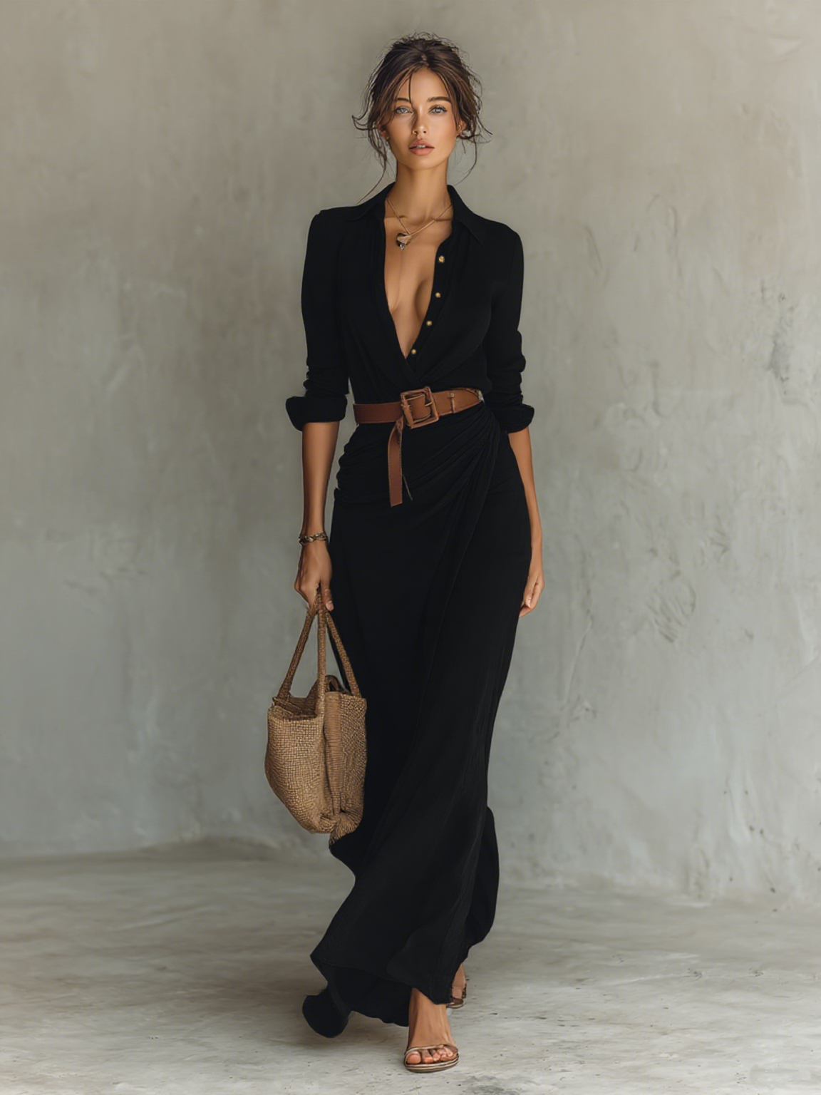 Moona | Vestido Largo de Manga Larga Con Cuello de Solapa