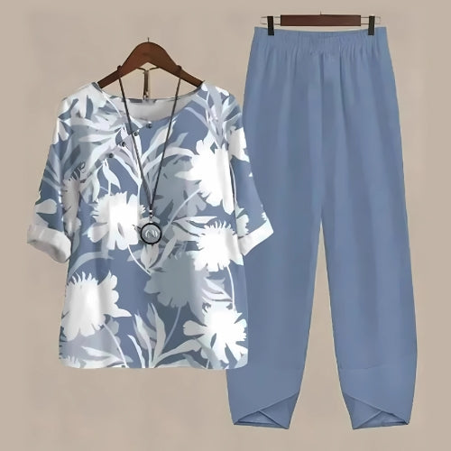 Raquel - Conjunto de dos Piezas Compuesto por un top Estampado Holgado y unos Pantalones