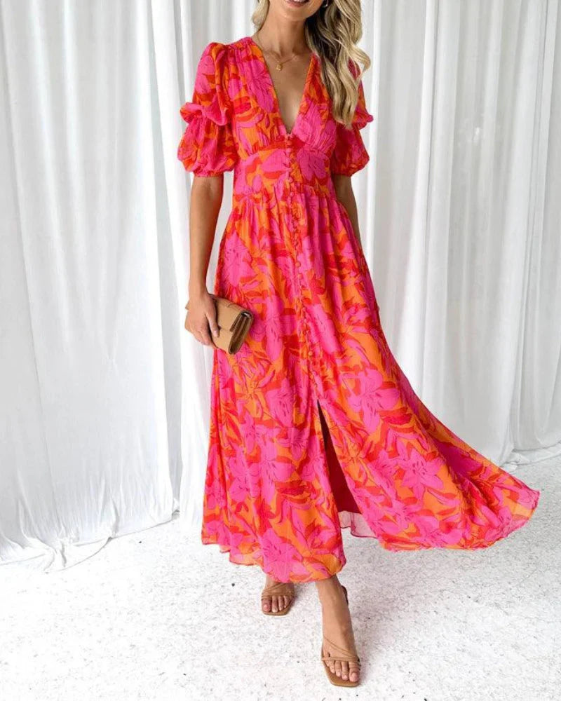 Derana | Vestido Largo Con Estampado Floral, Cuello en V Y Mangas Abullonadas