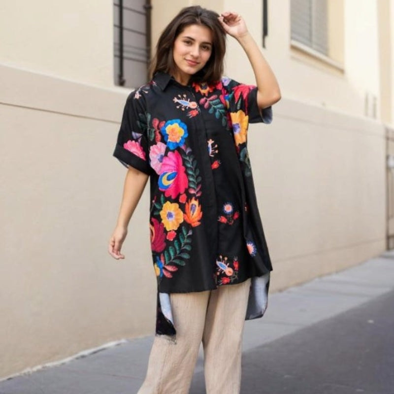 Rossella | Blusa Larga De Manga Corta Con Estampado Floral