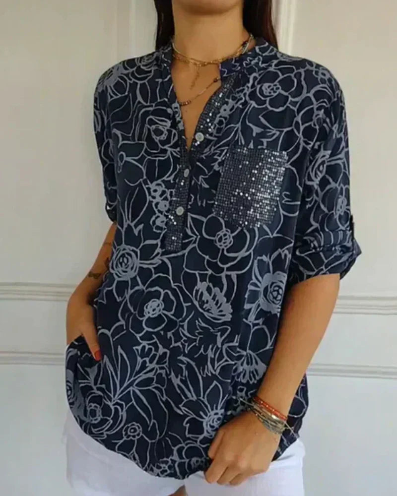 Narese | Blusa con Estampado floral, Cuello en V y Mangas Enrolladas